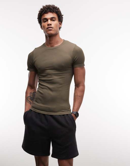 4505 - Naadloos geribbeld muscle fit trainingsshirt in olijfgroen, 5 van 5