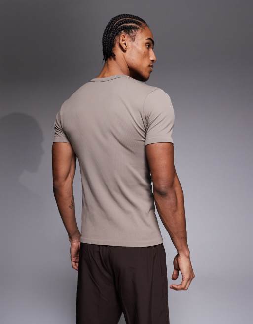 4505 - Naadloos geribbeld slim-fit henley-T-shirt in stone, 3 van 5