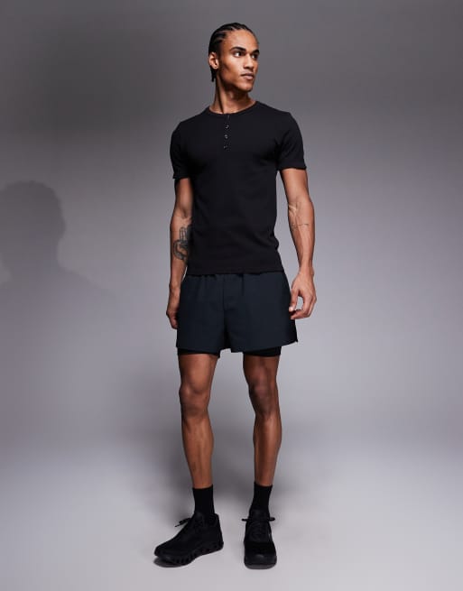 4505 - Naadloos geribbeld slim-fit Henley T-shirt in zwart, 2 van 5