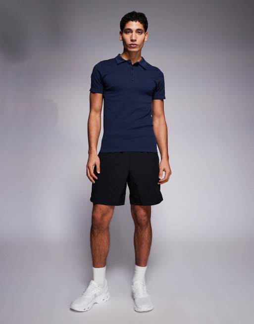 4505 - Naadloos geribbeld slim-fit poloshirt in marineblauw, 2 van 5