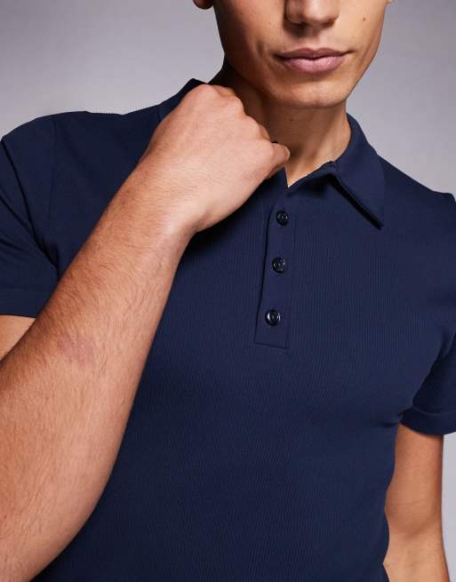 4505 - Naadloos geribbeld slim-fit poloshirt in marineblauw, 5 van 5