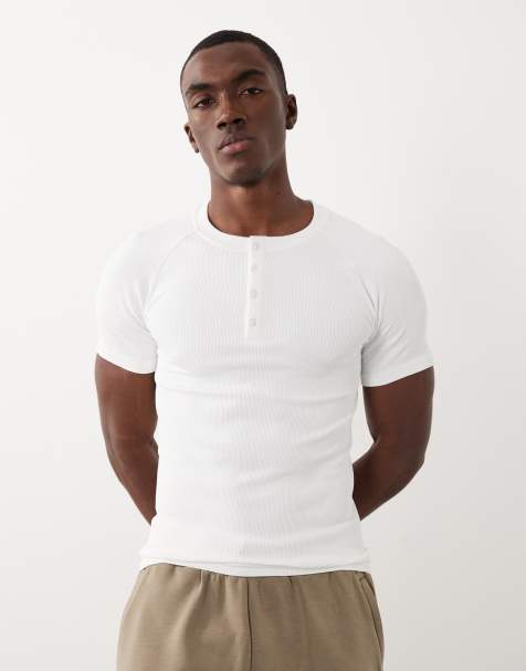 4505 naadloos geribd muscle fit training henley T-shirt in wit - view 1