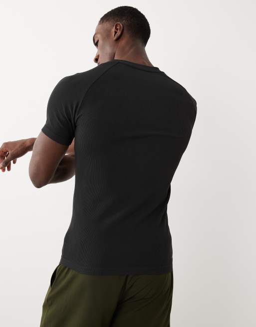 4505 naadloos geribd muscle fit training henley T-shirt in zwart, 3 van 5