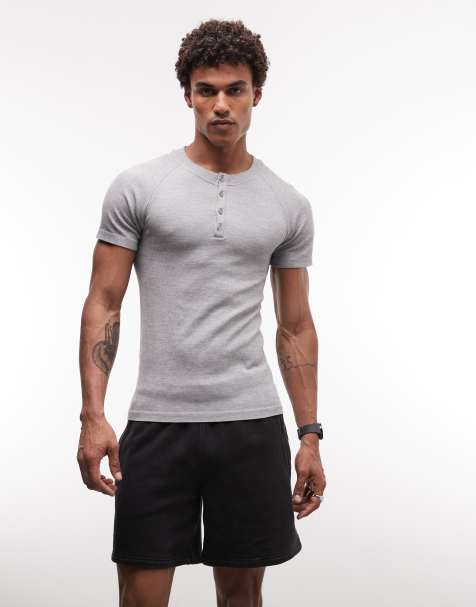 4505 naadloze geribbelde muscle fit training henley T-shirt in grijs gemêleerd - view 1
