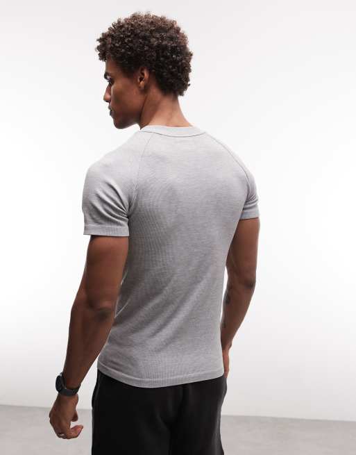 4505 naadloze geribbelde muscle fit training henley T-shirt in grijs gemêleerd, 2 van 5