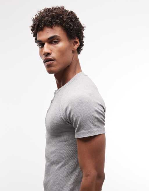 4505 naadloze geribbelde muscle fit training henley T-shirt in grijs gemêleerd, 4 van 5