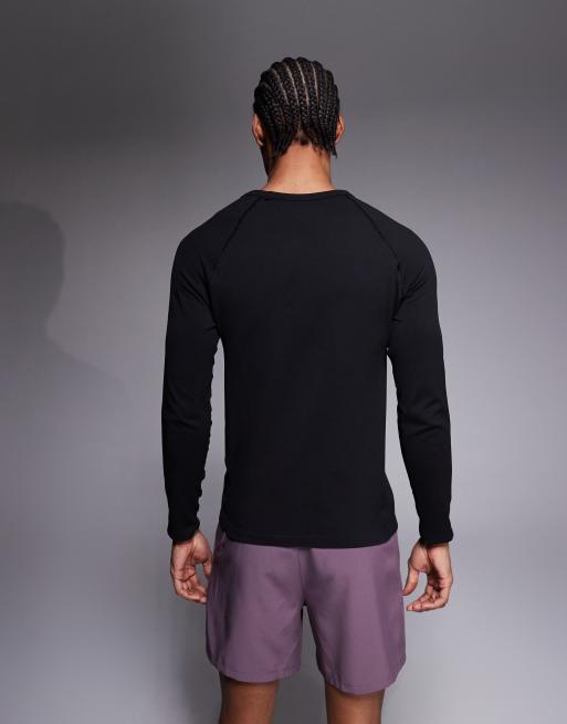 4505 - Naadloze geribbelde slim-fit top met lange raglanmouwen in zwart, 3 van 5
