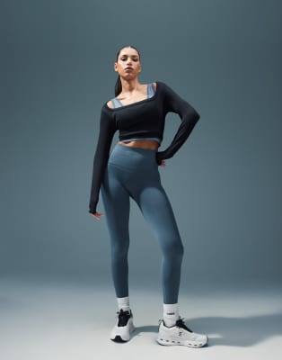 4505 - Nahtlose Sport-Leggings in Schiefergrau mit breitem hohem Bund
