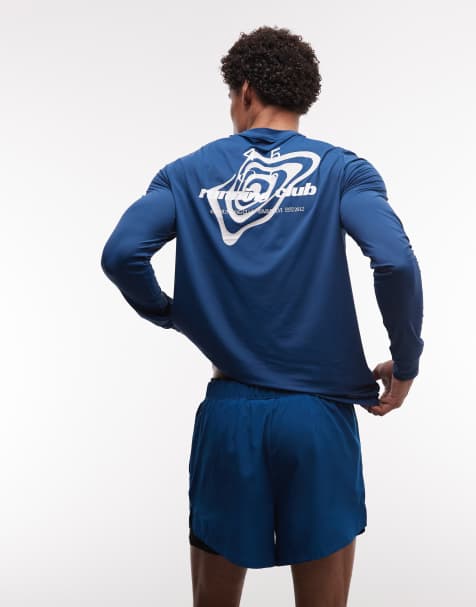 4505 nylon performance mesh quick dry langærmet løbe-T-shirt med print på ryggen i mørkeblå - view 1