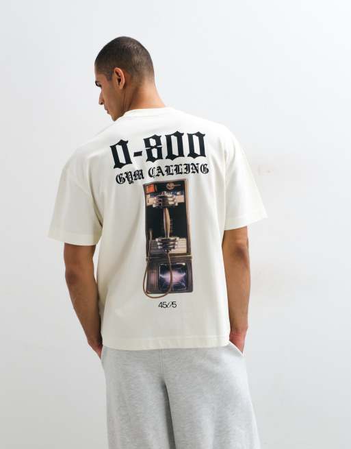 4505 oversized T-shirt van zware katoen met print op de achterkant in vintage wit, 1 van 5