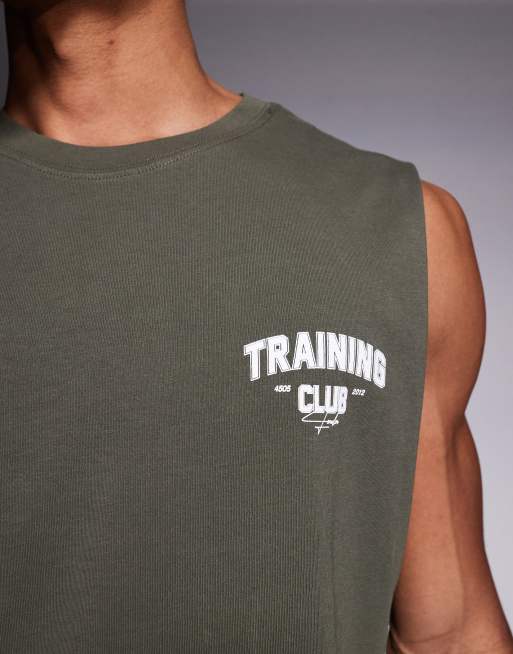 4505 - Oversized trainingstanktop van katoen met print op de borst en sneldrogende afwerking met wassing in kaki, 5 van 5