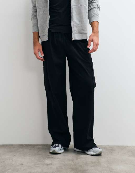 4505 pantaloni cargo wide leg in ripstop di cotone con tasche con zip, neri, 2 di 5