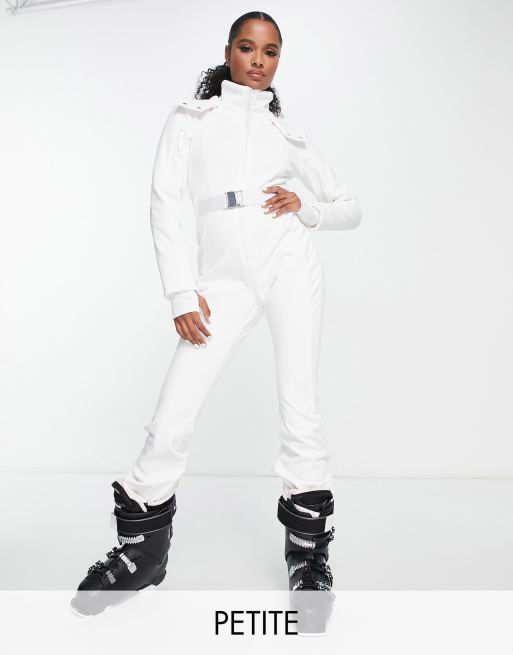 4505 Petite - Combinaison de ski évasée avec ceinture et capuche en fausse fourrure  