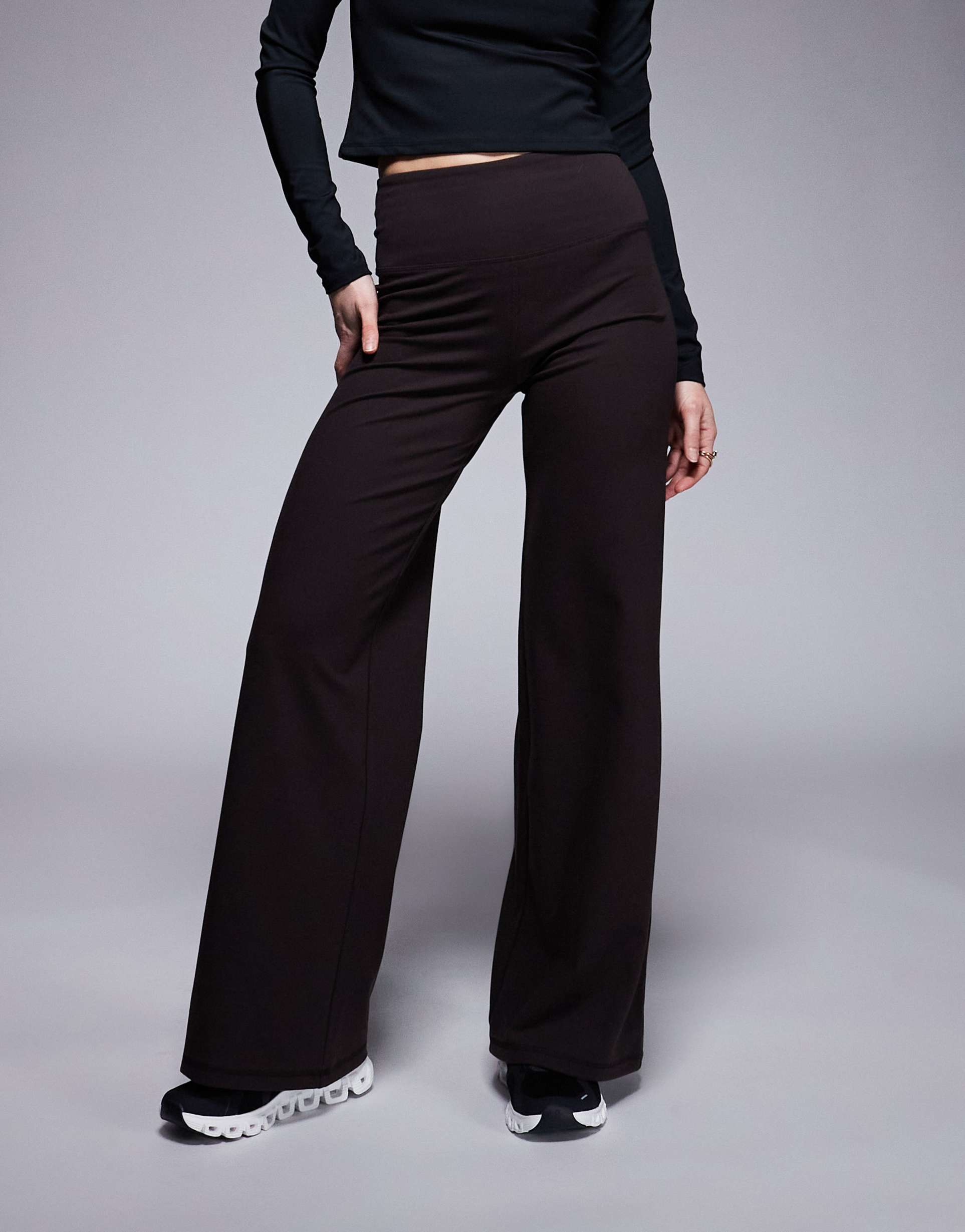 4505 petite icon soft touch high waist wide leg dance pants in dark chocolate