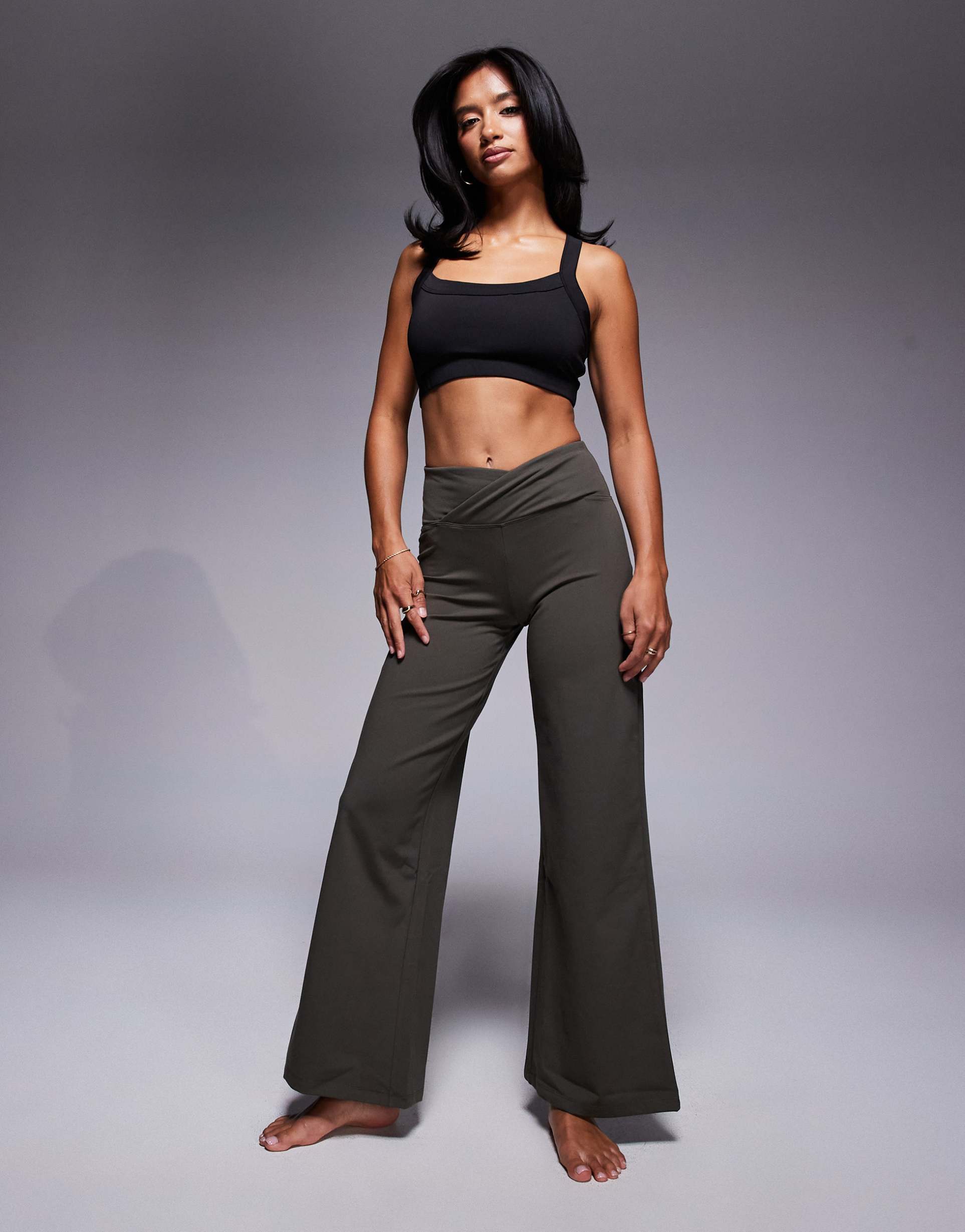 4505 petite icon soft touch wrap waist wide leg dance pants in dark olive