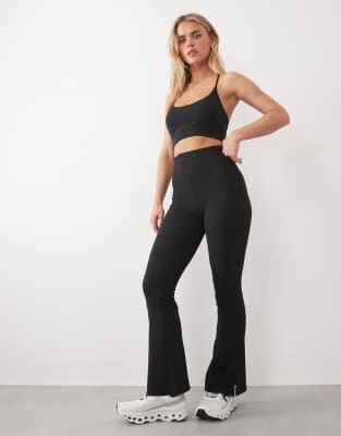 4505 Petite Micro Rib High Waist Slim Kick Yoga Leggings With Side Split In Black