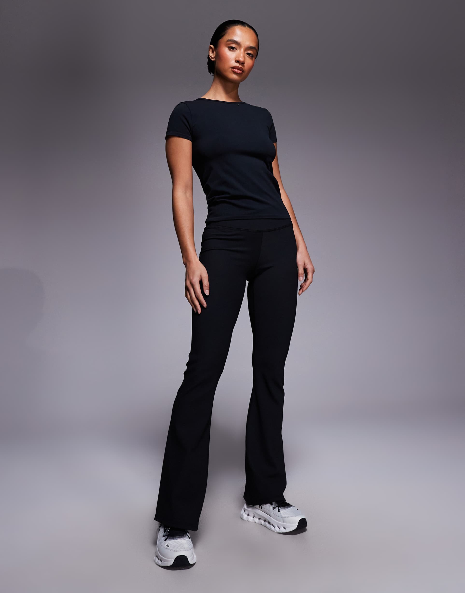 4505 petite micro rib wrap waist slim kick flare yoga leggings in black
