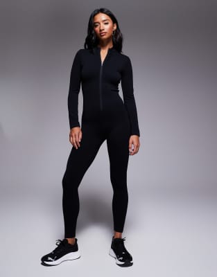 4505 Petite - Nahtloser Catsuit in Schwarz mit Reißverschluss vorne