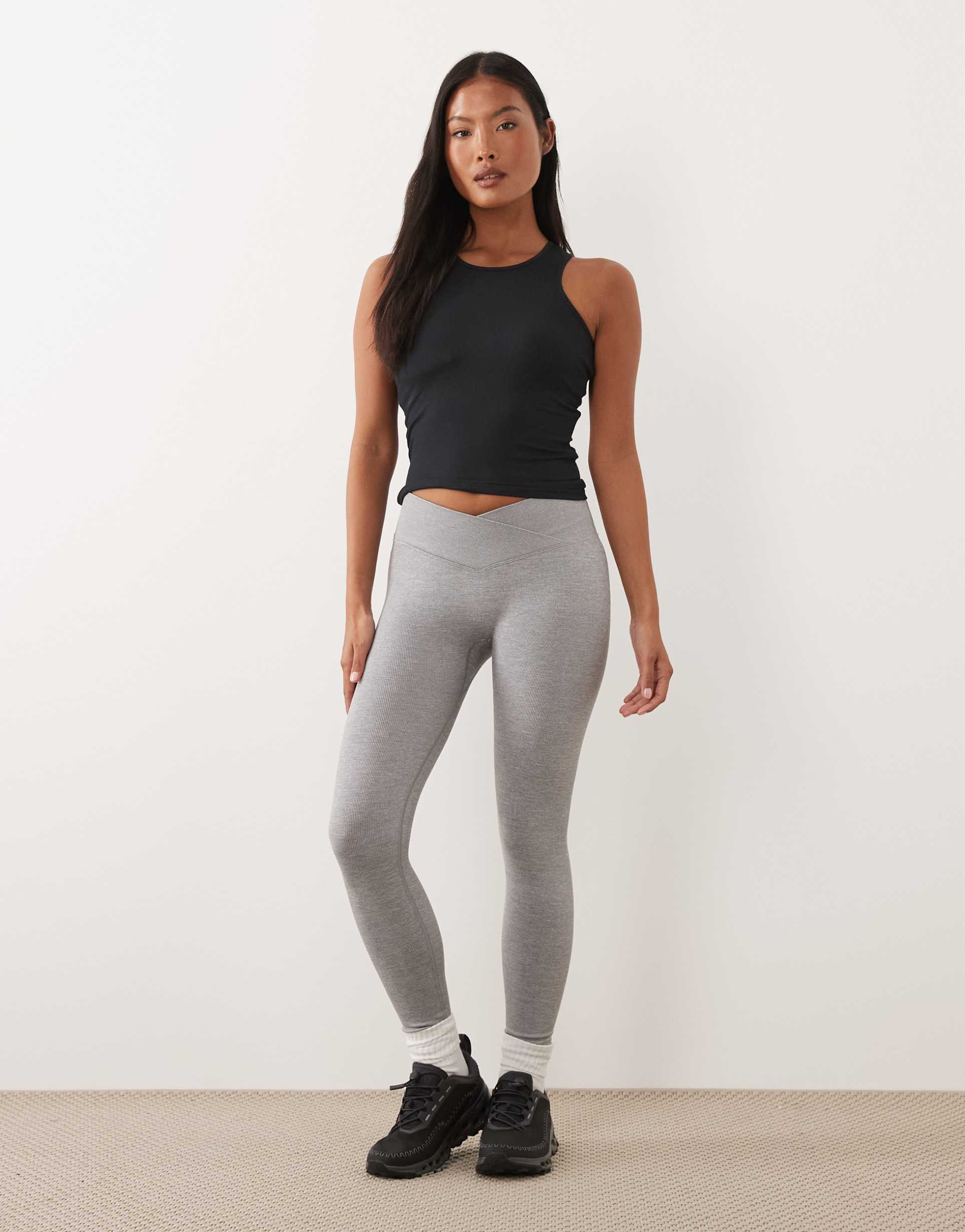 4505 petite seamless baby rib wrap back high waist gym leggings in light gray heather