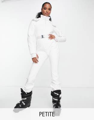 4505 4505 Petite ski belted ski suit with slim kick leg and faux fur hood-White