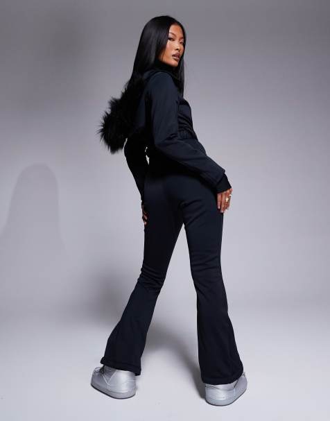 4505 Petite Ski belted ski suit with slim kick legs and faux fur hood in black - view 1