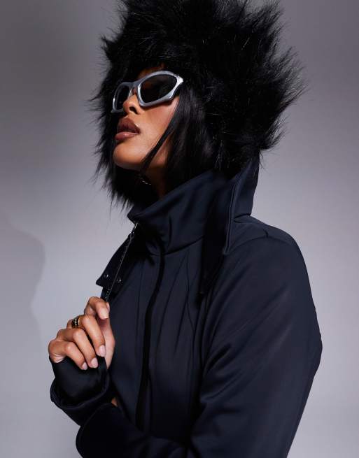 ASOS 4505 Petite Ski belted ski suit with slim kick leg and faux fur hood in black