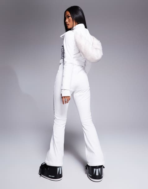 4505 Petite Ski belted ski suit with slim kick legs and faux fur hood in white - view 1