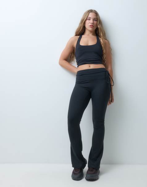 4505 Petite soft touch kick flare yoga legging with tie waist detail in black - view 1