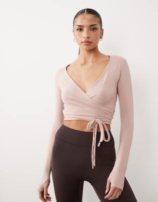 4505 Plush Feel Ballet-inspired Long Sleeve Wrap Top In Pink