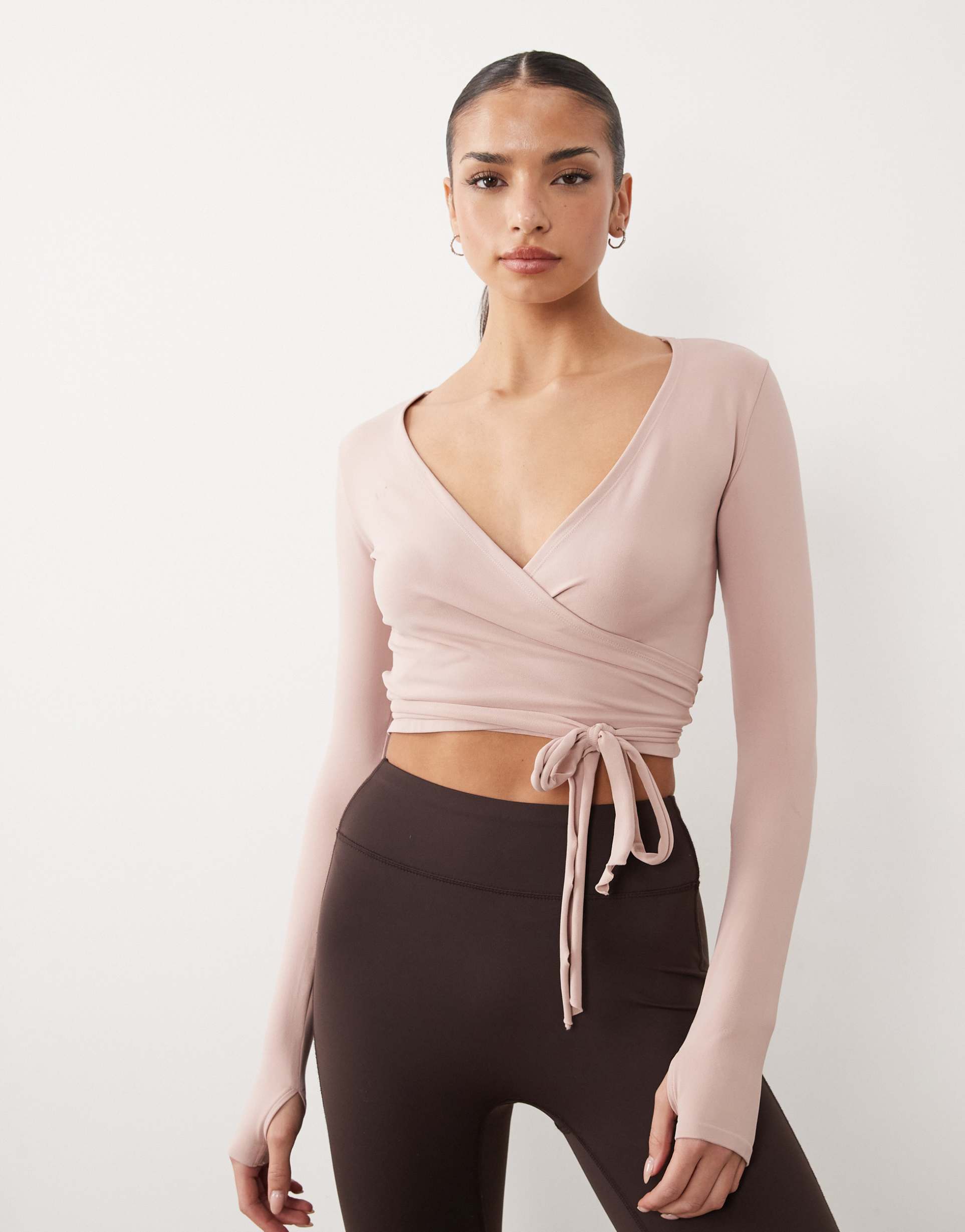 4505 plush feel ballet-inspired long sleeve wrap top in blush pink