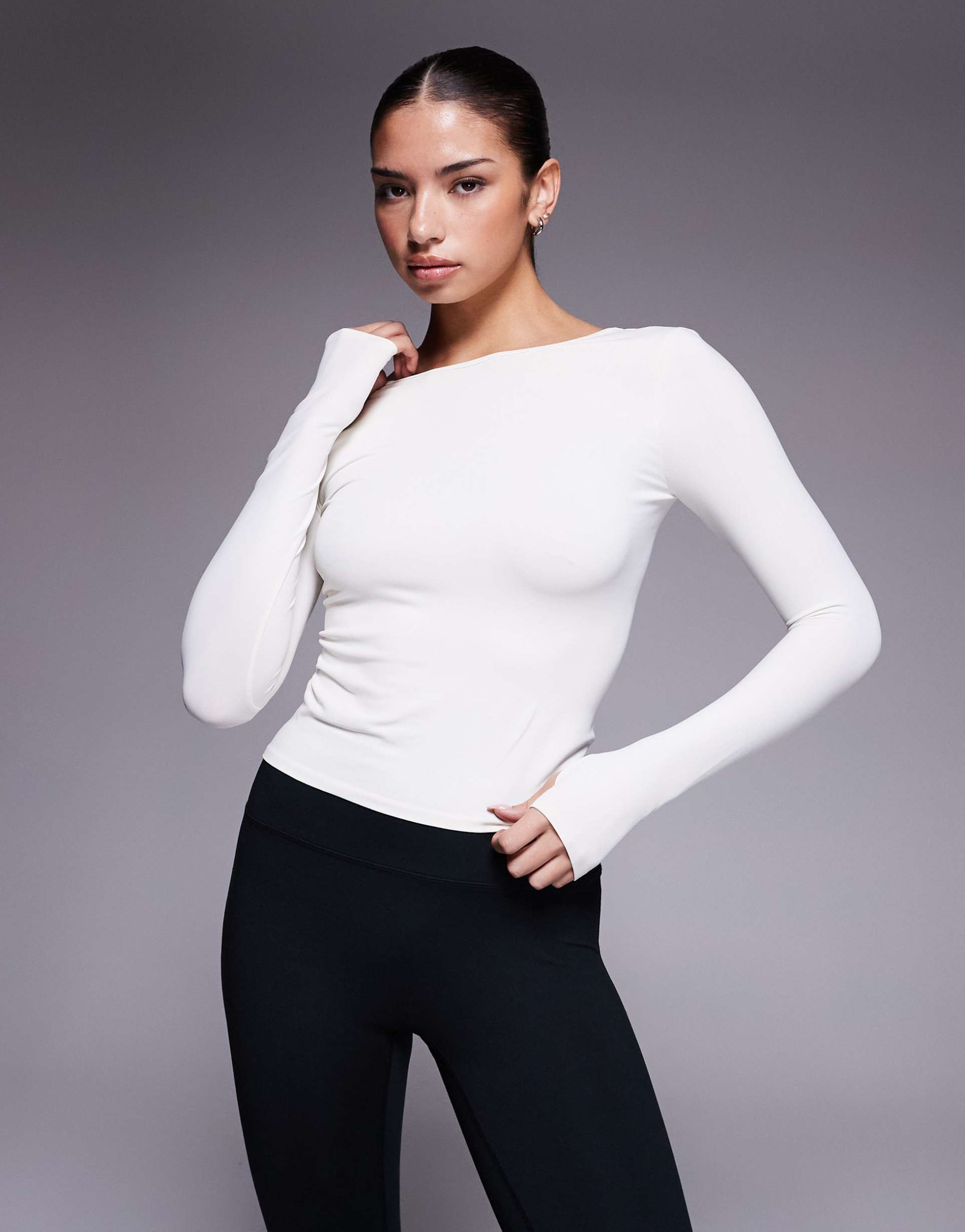4505 plush feel scoop back long sleeve layering top in ivory