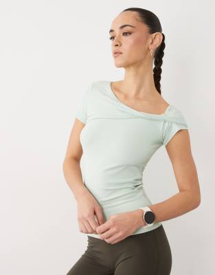 4505 Plush Handle Asymmetric Drape Detail Cap Sleeve Studio Top In Green