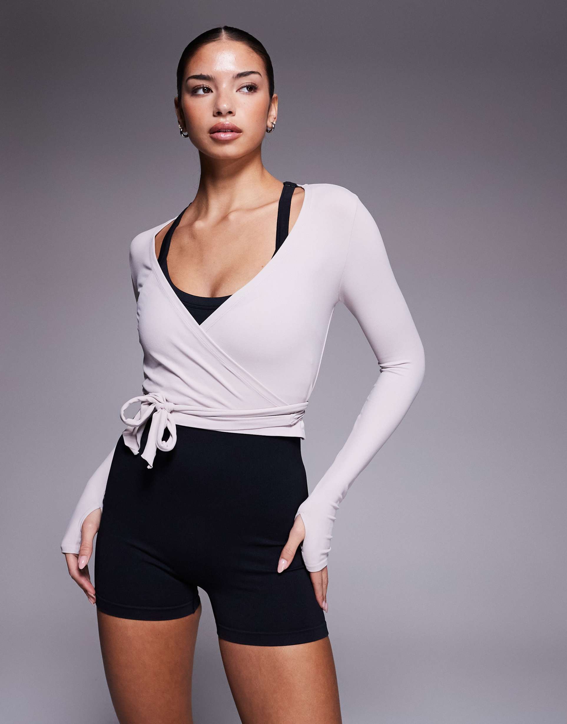 4505 plush handle ballet inspired long sleeve wrap top in ash