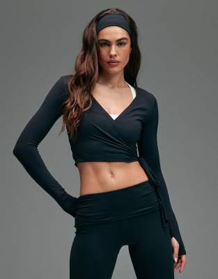 4505 Plush Handle Ballet Wrap Long Sleeve Top In Black