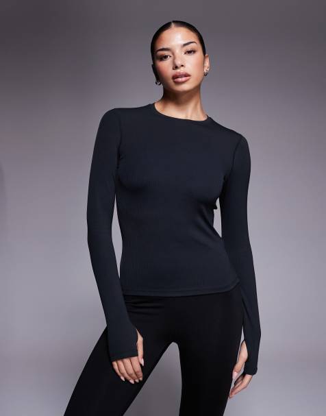 4505 plush handle ribbed long sleeve warm-up top in black - view 1