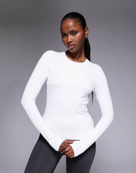 4505 plush handle ribbed long sleeve warmup top in white - view 1