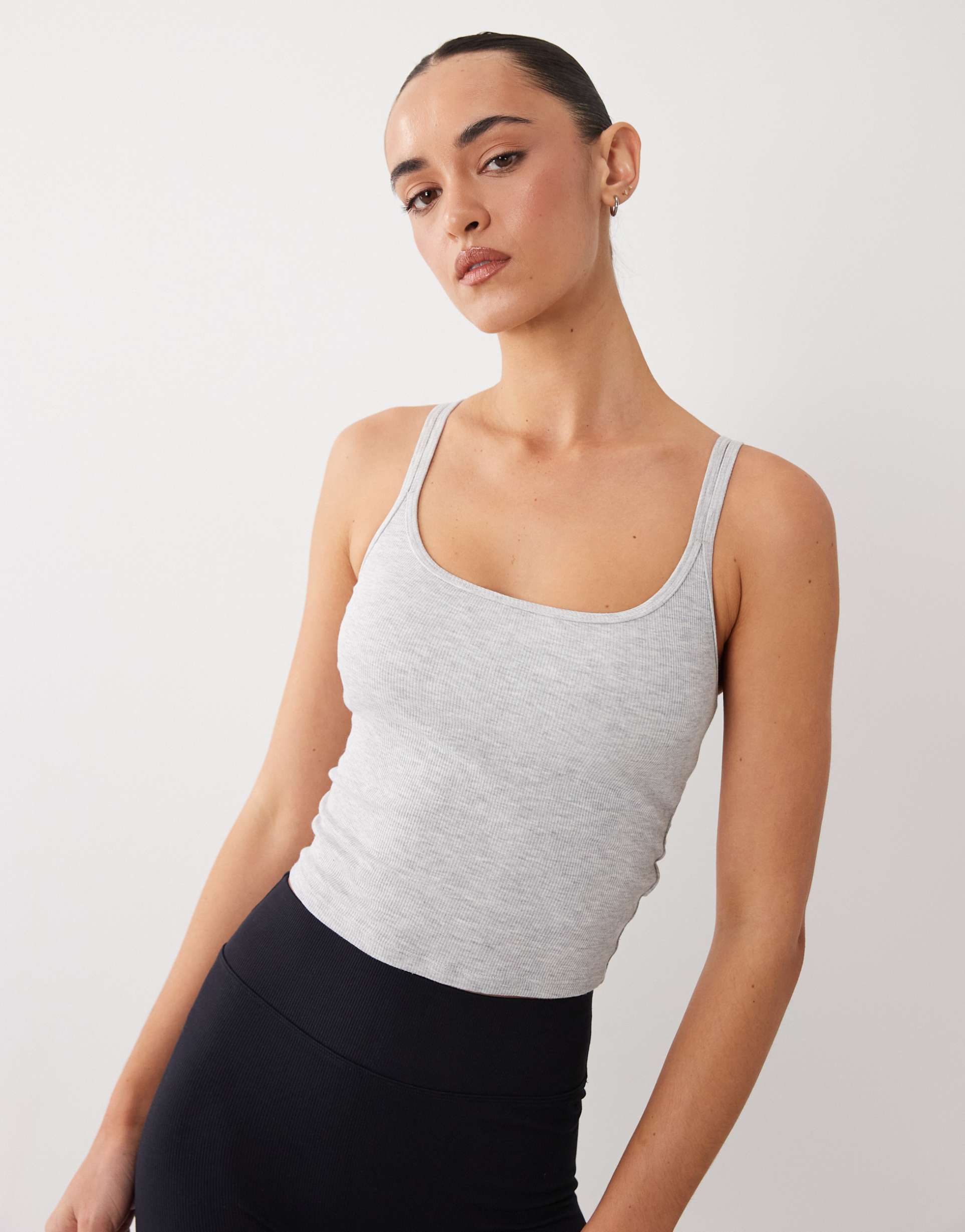 4505 plush lightweight rib knit cami top with shelf bra in light heather gray