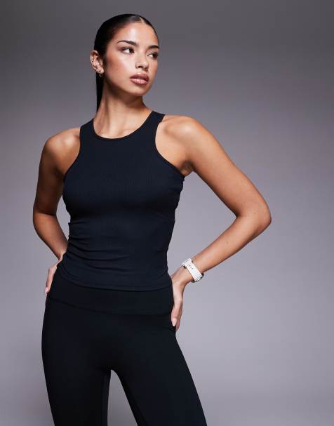 4505 plush lightweight ribbed racer neck tank top with shelf bra and removable padding in black - view 1