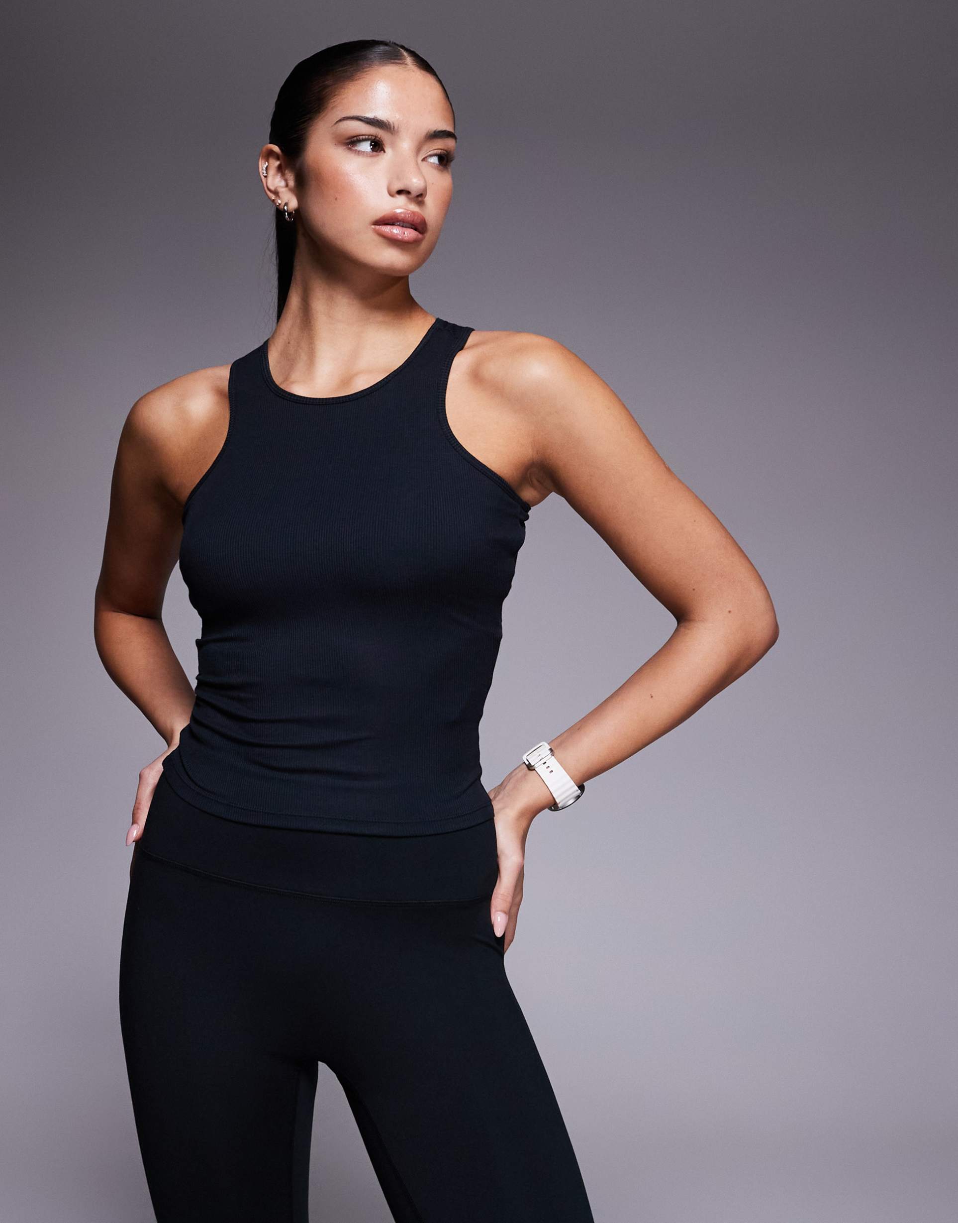 4505 plush lightweight ribbed racer neck tank top with shelf bra and removable padding in black