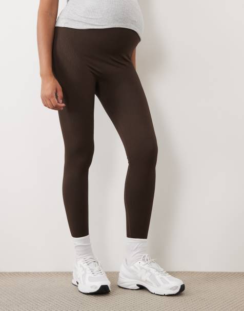 4505 Premamá leggings de gimnasio sin costuras de canalé fino y talle alto en chocolate - view 1