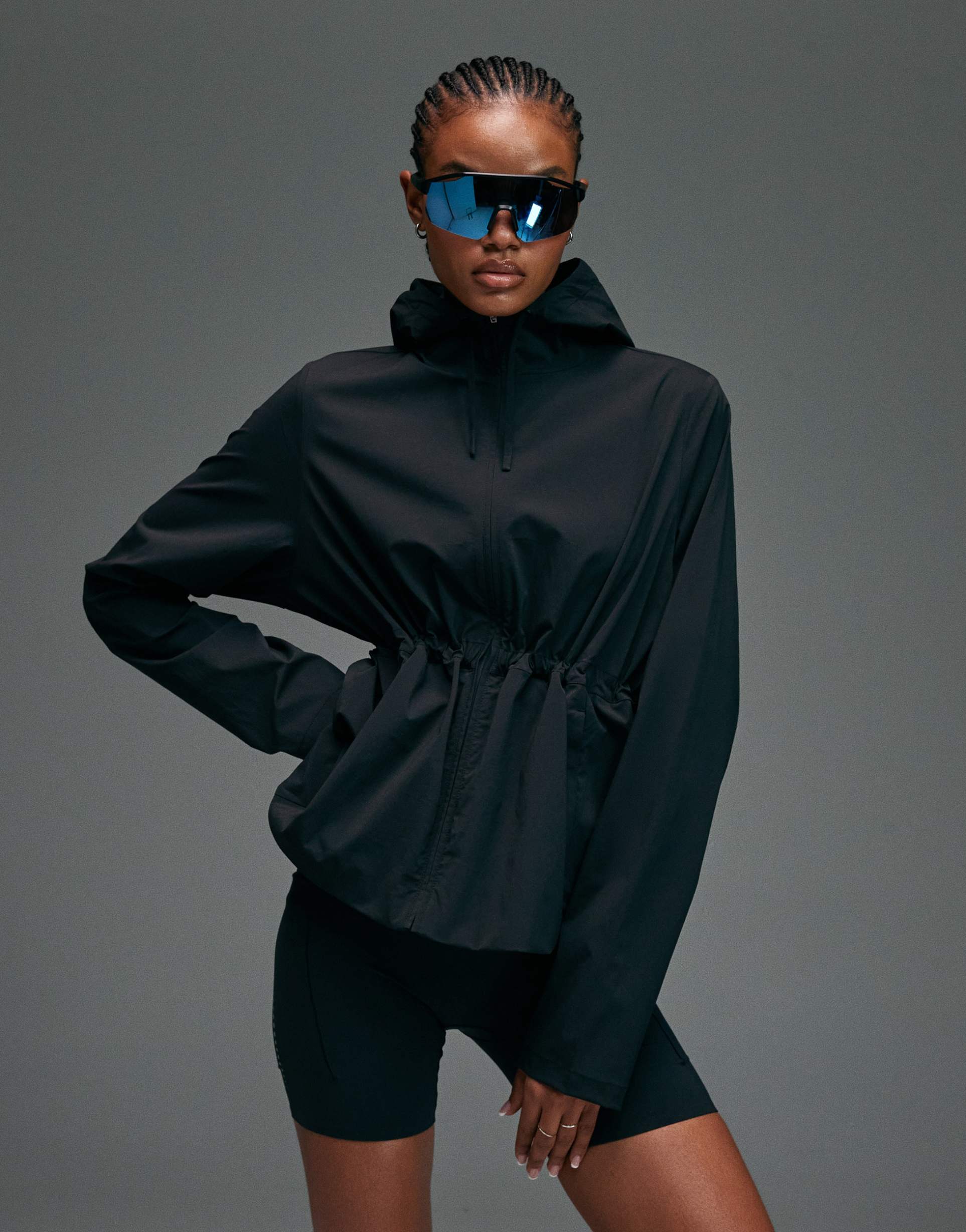 4505 premium cinch waist water repellent running jacket with hood in void black