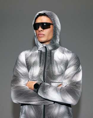 Premium - Wasserabweisende Laufjacke mit Reißverschluss, Kapuze, Reißverschlusstaschen und reflektierendem Digitalprint-Schwarz Schwarz L