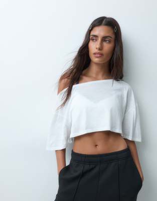 4505 Quick Dry Cotton Slub Texture Off The Shoulder Crop T-shirt In White