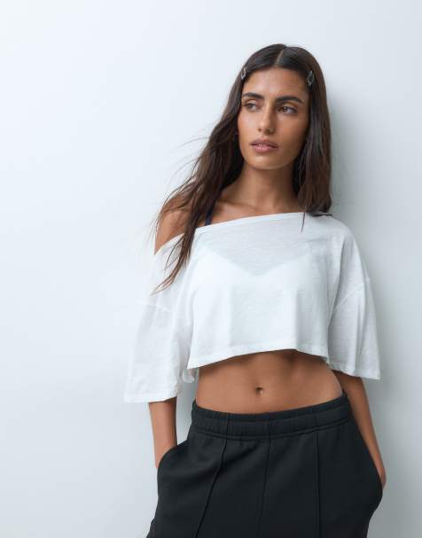 4505 quick dry cotton slub texture off the shoulder crop t-shirt in off white - view 1