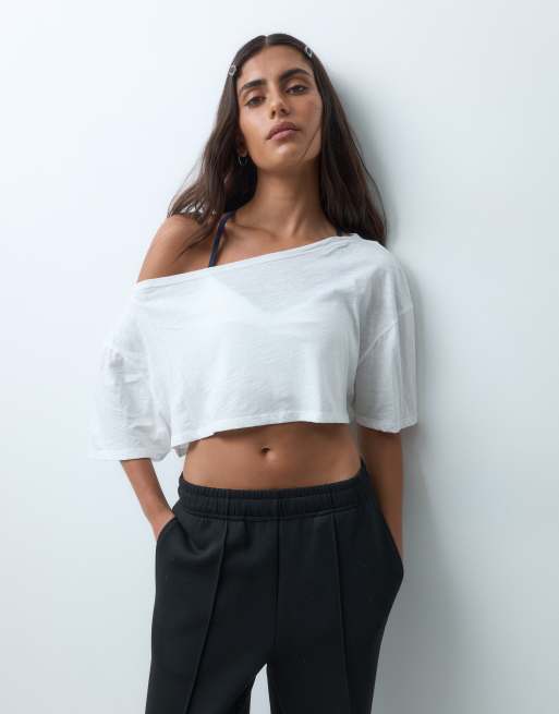 4505 quick dry cotton slub texture off the shoulder crop t-shirt in off white, 5 of 5