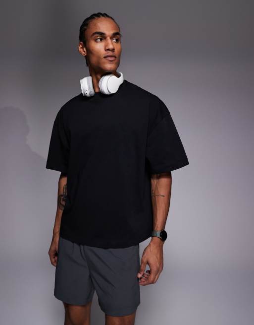 4505 - Recht T-shirt van zwaar katoen met verlaagde schouders en sneldrogende afwerking in zwart