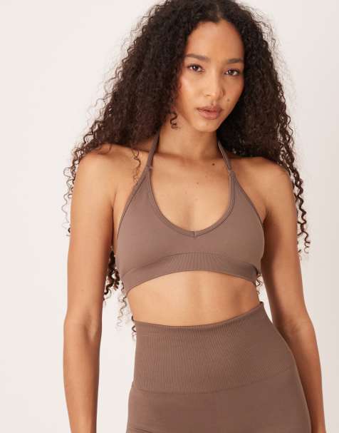 4505 - Reggiseno sportivo a supporto leggero allacciato al collo senza cuciture color tortora - view 1