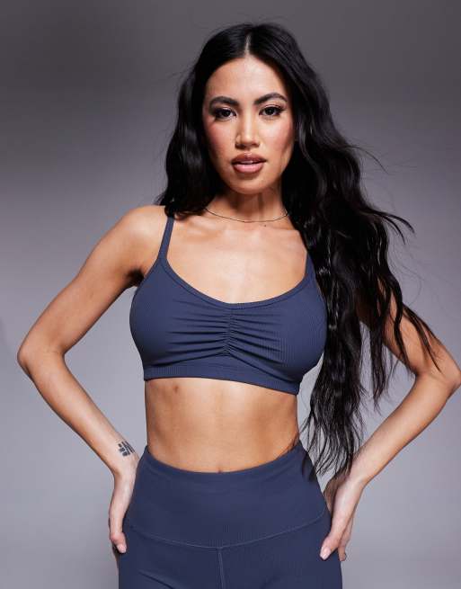 4505 - Reggiseno sportivo a supporto leggero grigio blu a coste morbido al tatto con spalline regolabili 