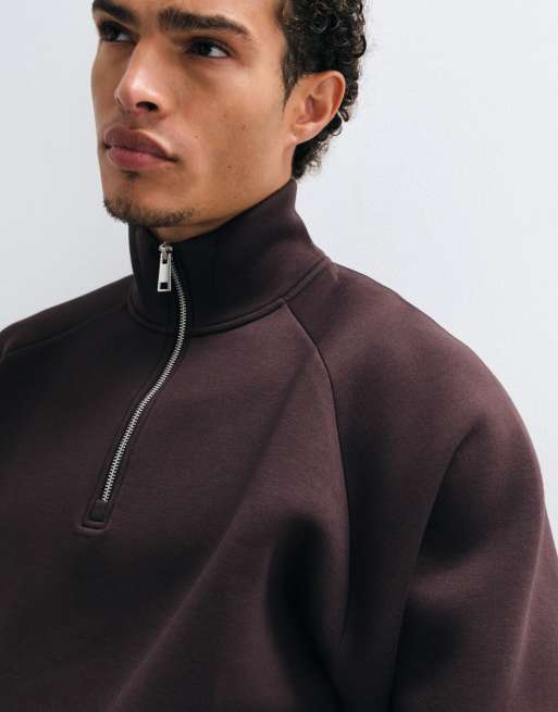 4505 Rest Day 1/4 zip boxy sweat in scuba-style fabric in chocolate brown, 5 of 5