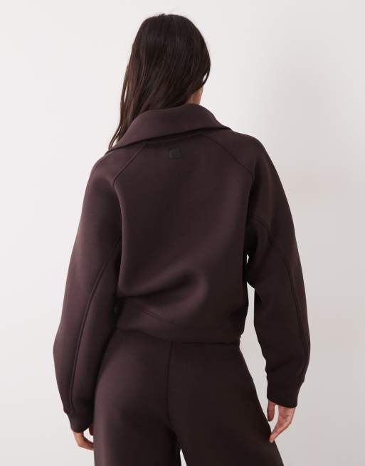 4505 Rest Day 1/4 zip cocoon sweat in scuba-style fabric in chocolate brown, 4 of 4